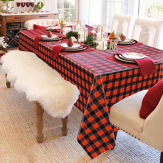 4 Pack Buffalo Plaid Tablecloths - 51x86 Disposable Plastic Red and Black Lumberjack Checkered Tablecloth for Party, Picnic, Camping, Barbecue, Christmas, Holiday Table Decor