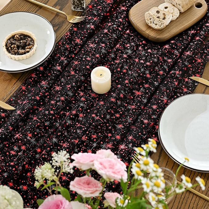 Horaldaily Black Red Gold Sparkling Star Gauze Tablecloth 60x84 Inch Rectangular, Red Star Sequin Glitter Metallic Foil, Sheer Tulle Cheesecloth for Wedding Baby Shower Party