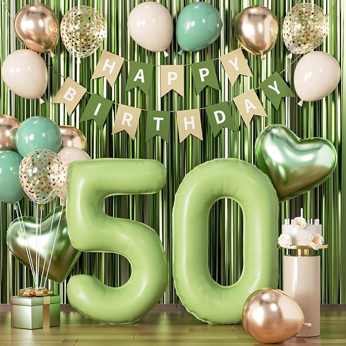 Sage Green 50th Birthday Decorations for Women Men, 50 and Fabulous Party Supplies, Sand White & Cream Balloon Kit with Green Number 50 Balloon and Fringe Curtains