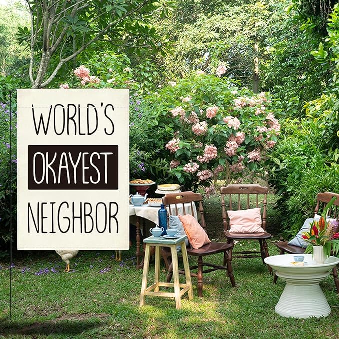 Funny Garden Flag, World's Okayest Neighbor Double Sided Decoration for Yard Veranda Patio Outdoor Best Neighbor Gifts Idea 12 x18 inches