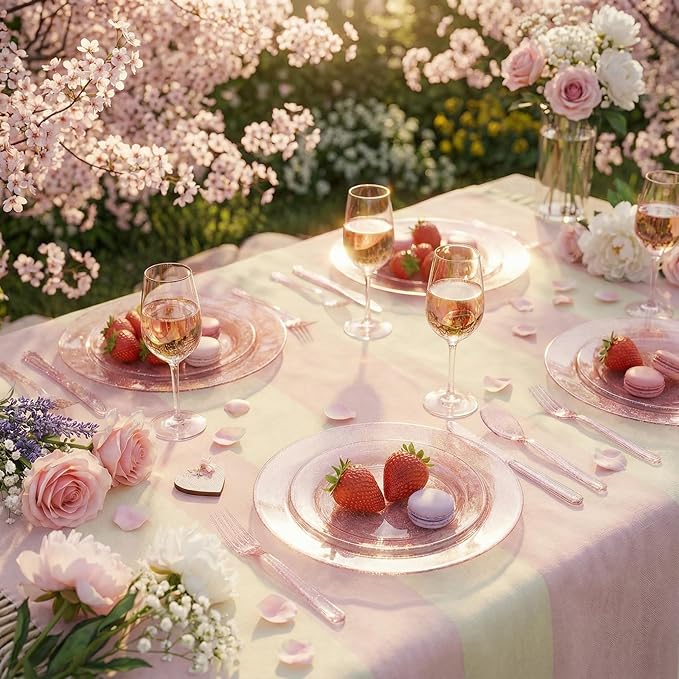 WDF 200PCS Pink Plastic Plates - Rose Gold Glitter Plastic Plates - Heavy Duty Pink Glitter Disposable Plates for Wedding Baby Shower Spring Birthday Easter