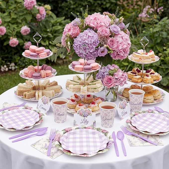 Shellwei 410 Pcs Purple Hydrangea Tea Party Decorations Elegant Floral Paper Plates and Napkins Set Disposable Party Tableware Sets with Cups Knives Forks Spoons Seat Card Favors for 50 Guests