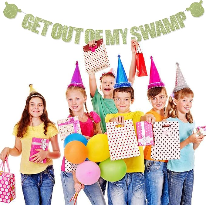 Light Green Glitter Get Out Of My Swamp Banner,NO DIY, Pre-Strung Birthday Party Banner Funny Housewarming Party Decorations Green Birthday Party Supplies