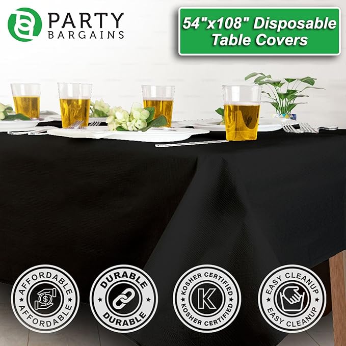 PARTY BARGAINS Disposable Table Covers, 54 x 108 Inch, Black, 3-Ply Paper & Plastic Spill-Resistant Party Tablecloths, 10 Pack