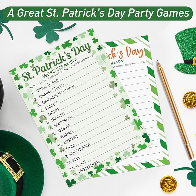 COCHIE St. Patrick's Day Party Games for Adults Family Office Large Groups, Saint Patrick Words Pictionary Game, Guesstures Games, Word Scramble Game Classroom Activities - Answer Key (St. Patrick's)