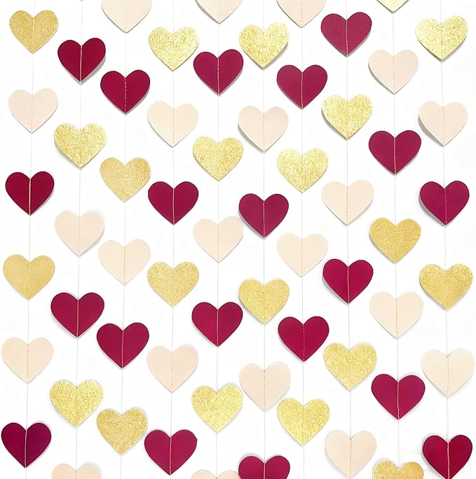 Maroon Gold Party Decorations Burgundy Beige Glitter Gold Paper Love Heart Hanging Banner Garland Streamer for Birthday Wedding Anniversary Engagement Valentines Day Graduation Garnet Party Supplies