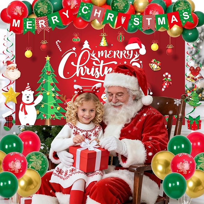 Christmas Party Decorations, Balloon Arch Garland Kit for Kids with Green Red Balloons, Merry Christmas Backdrop Banner Tablecloths Hanging Swirls Pendant for XMAS Decorations Supplies