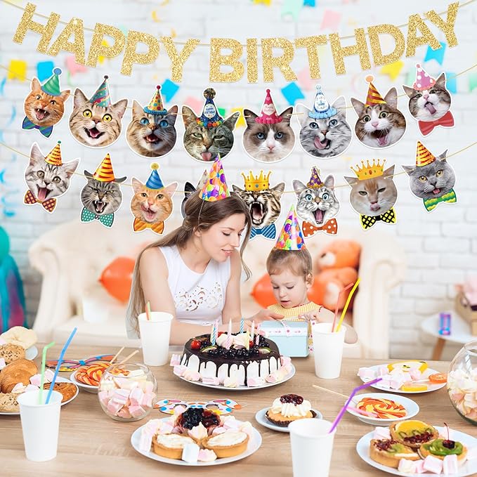 Cat Happy Birthday Banner - Cat Birthday Decorations Party Decor Supplies for Kids, Boys, Girls