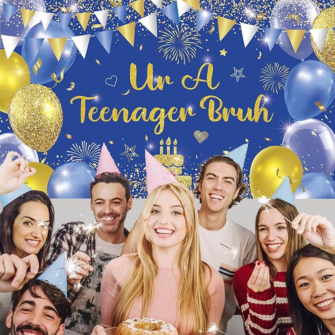 Blue Gold Ur A Teenager Bruh Banner Backdrop Photography Background Hanging 13th Happy Birthday Party Decoration for Bro I'm 13 Year Old Teen Bday Accessories Supplies 72.8 * 43.3in