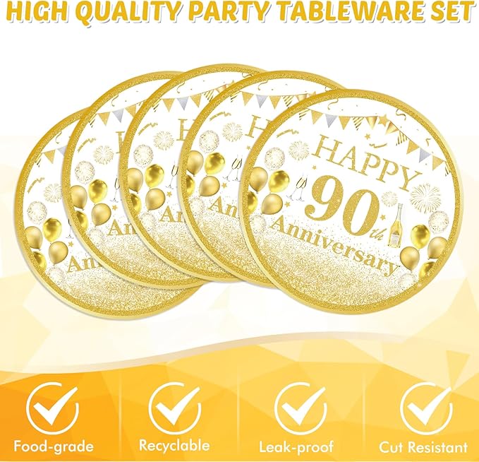 41PCS Golden Birthday Party Decorations 90th Party Tableware Set 1936 90th Theme Birthday Party Table Decoration Supplies Cheers to 90 Years Paper Plate Napkin Tablecloth for Party Anniversary