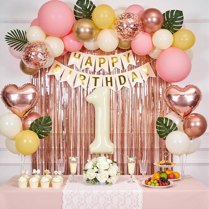 1st Birthday Decorations for Girl, Retro Sand White and Cream Balloon Garland Kit, Cream Number 1 Balloon, Pink Happy One Banner & Streamers, 1 Year Old Party Supplies