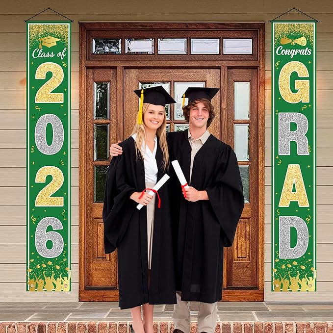 OHOME Graduation Decorations 2026 - Green Gold Congrats Grad Porch Banner for Graduation Party Decorations - Class of 2026 - Party Favors Supplies Backdrop Yard Signs Decor (Green)