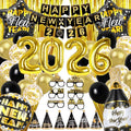 Happy New Year Party Decoration, 2026 Foil Balloon Banner and Curtains Photography Backdrops, Photo Booth Props Hats Paper Glasses Party Decorations for New Years Eve Party Supplies