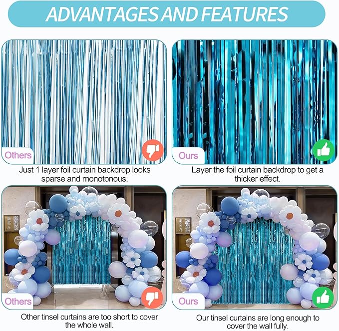 4 Pack Baby Blue Foil Fringe Curtains Door Streamers Party Decorations 3.3 x 8.2 ft, Tinsel Curtain Fringe Backdrop for Parties, Door Fringe Birthday Streamers, Photo Booth Backdrops, Party Decor