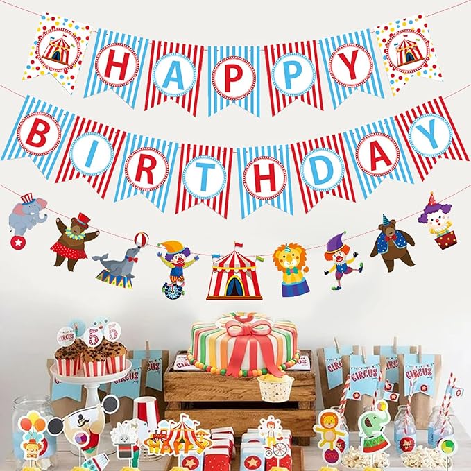 Zwiebeco Circus Happy Birthday Party Decoration Banner Hanging Colorful Paper Amusement Park Theme Bunting Sign for Boys Girls Babys Kids Funfair Carnivals Accessories Supplies