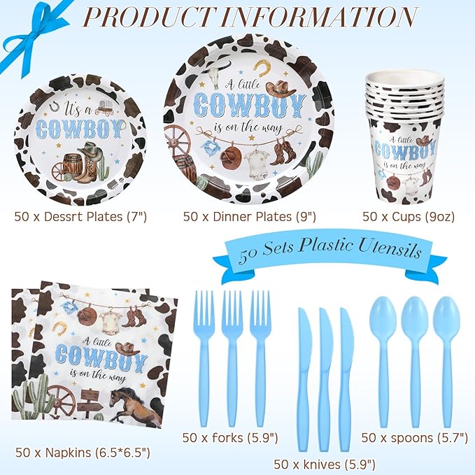 350 Pcs Western Cowboy Baby Shower Party Supplies a Cowboy Is on the Way Baby Shower Paper Plates Napkins Cups Disposable Western Party Tableware Plastic Cutlery Serves 50 Guest