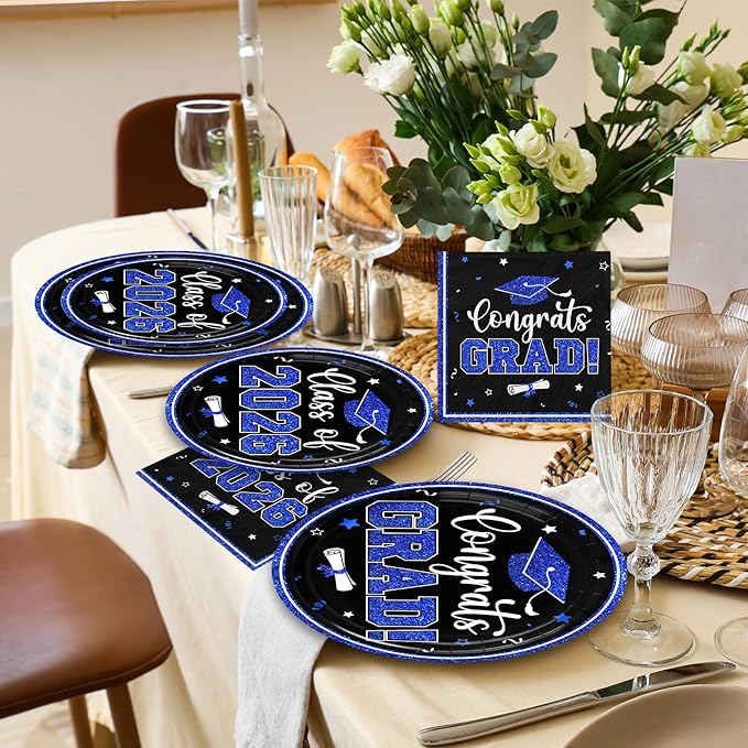 Black and Blue Graduation Decorations 2026,200pcs Blue Graduation Plates and Napkins Congrats Grad Class Of 2026 Plates and Napkins for Graduation Party Supplies ,Serve 50