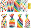 Party Favor Bags for Kids Birthday, 200 PCS Rainbow Cellophane Treat Goodie Candy Gifts Bags with Ties Colored Pouch Stuffers Baby Show Supplies Baggies Colorful Dot Stripes Printed Wrap(5x11 Inch)