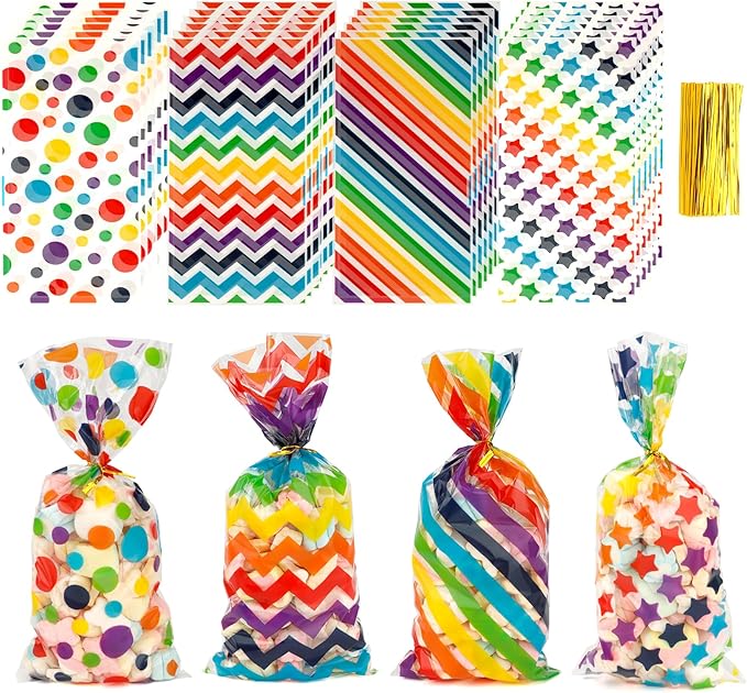 Party Favor Bags for Kids Birthday, 200 PCS Rainbow Cellophane Treat Goodie Candy Gifts Bags with Ties Colored Pouch Stuffers Baby Show Supplies Baggies Colorful Dot Stripes Printed Wrap(5x11 Inch)