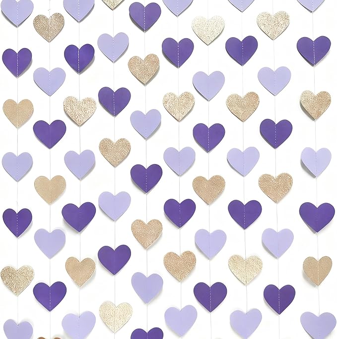 Champagne Gold Purple Heart Party Decorations Glitter Paper Love Heart Hanging Garland Banner Streamer for Valentines Day Birthday Baby Shower Wedding Anniversary Lilac Violet Lavender Themed Party