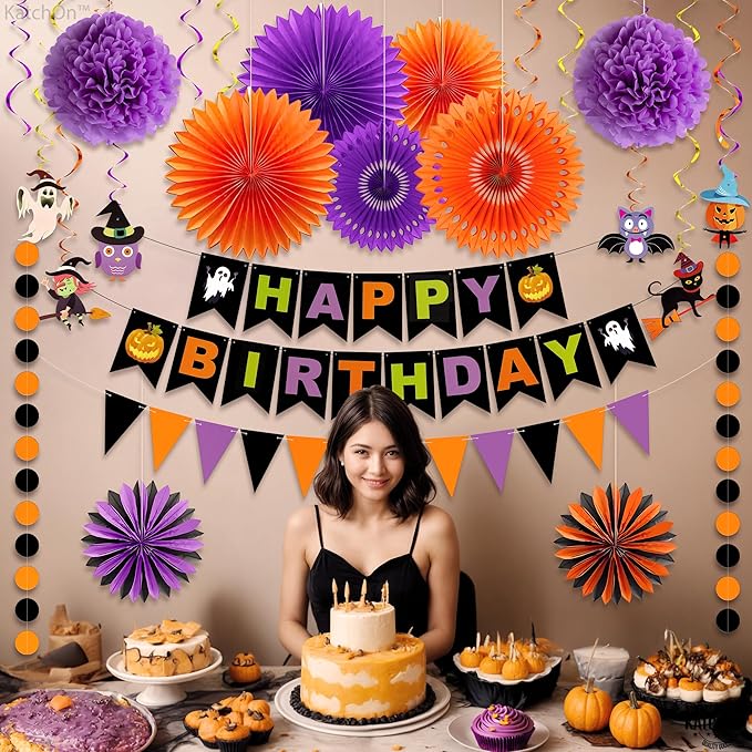 KatchOn, Halloween Birthday Party Decorations Set - Pack of 31 | Halloween Happy Birthday Banner, Honeycomb Balls, Paper Fans, Hanging Swirls Garland for Indoor Decor | Happy Brithday decorations