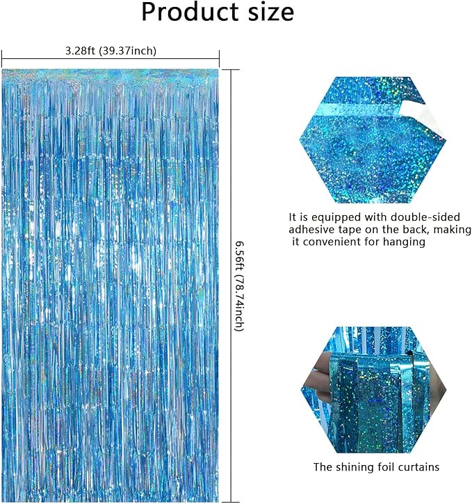 Light Blue Metallic Streamer Backdrop with Glitter Tinsel,3.28 x 6.56ft Foil Fringe Curtains for Gender Reveal & Ocean Theme Wall Hanging Party Supplies, Birthday/Wedding/Photoshoot