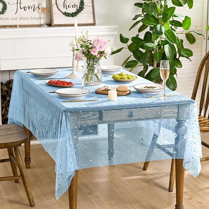 Horaldaily Light Blue Gold Sparkling Star Gauze Tablecloth 60x140 Inch Rectangular, Blue Star Sequin Glitter Metallic Foil, Sheer Tulle Cheesecloth for Wedding Baby Shower Party