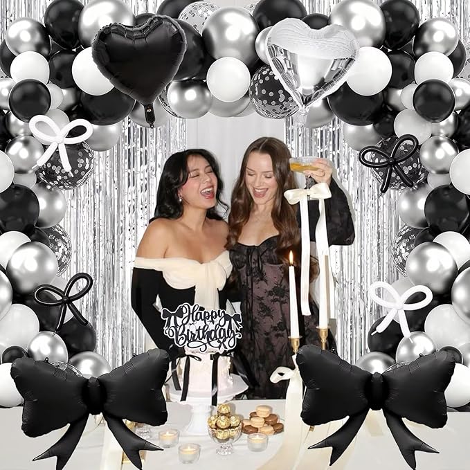 Black Bow Birthday Decorations, Coquette Bow Black and White Silver Balloons with Happy Birthday Banner Fringe Curtain Cake Toppers for Women Girls Baby Shower Party Supplies