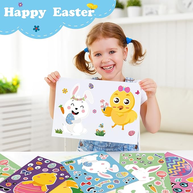 OHOME Easter Basket Stuffers for Kids - DIY Happy Egg Bunny Sticker Crafts Stickers for Toddlers,Kids Easter Gifts Decor Treats Games Toys Activities Party Favor Supplies(24 Sheets)