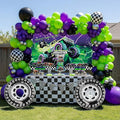 Monster Truck Theme Birthday Decorations include Purple Green Black Balloons Ribbon Arch Cake Paper Card Toppers Tablecloth Backdrop Truck Birthday Decor for Boys Racing Party Decoration Supplies