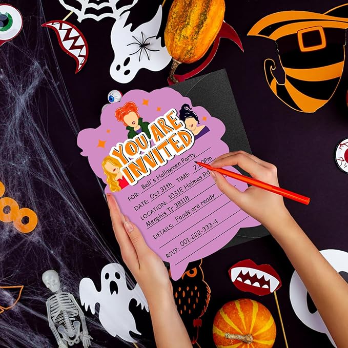 SICOHOME Halloween Party Invitations - 12pcs 5"x7" Halloween Birthday Invitations with Envelopes for Kids Adult Baby Shower Greeting Gift Cards Hocus Pocus Invitations Party Favors Supplies