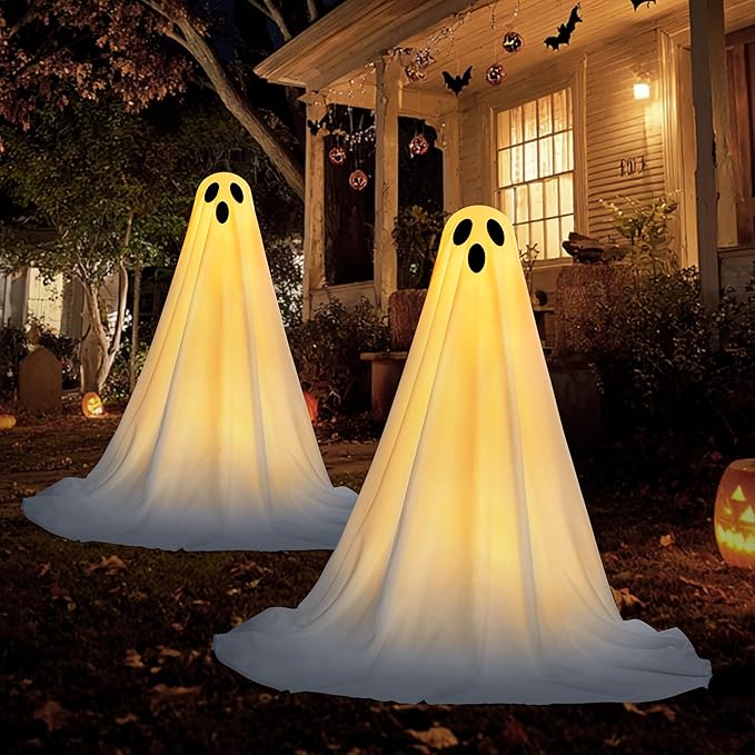JOYIN 2 Pack 47'' Halloween Decorations Outdoor Light Up Ghost with Timer, Standing Ghost Halloween Decor with Warm String Light for Yard Porch Lawn Garden Party Supplies