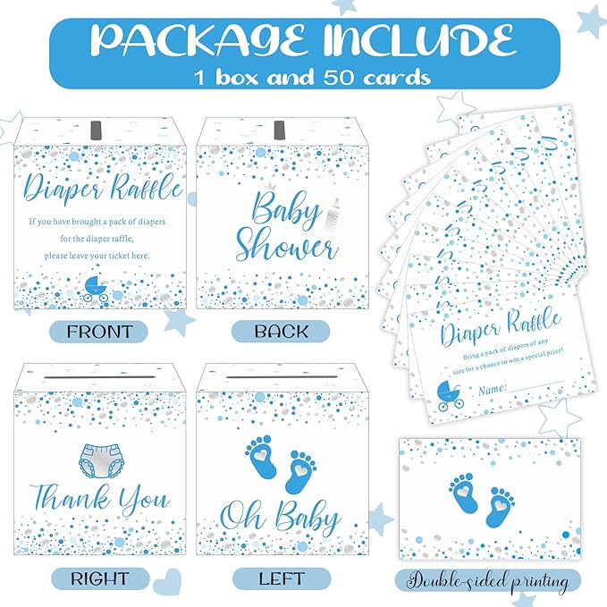 Funrous 51 Diaper Raffle Tickets with Box for Baby Shower Game Invitations Diaper Raffle Card for Gender Reveal Baby Shower Party Decoration Table Centerpiece(Blue Silver)