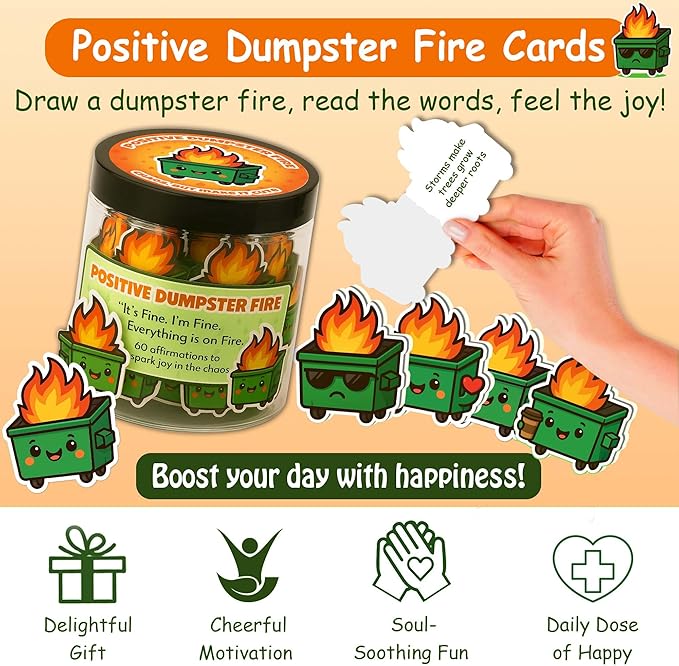 60 Positive Dumpster Fire Cards Jar, Easter Basket Stuffers for Teens, Emotional Dumpster Fire Desk Accessories, Affirmation Cards for Women, Teens Girl, Coworker, Dumpster Fire Zen Garden