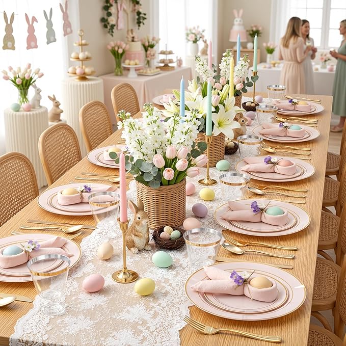 350PCS Pink Disposable Plates - Pink Plastic Plates 50Guests Plastic Dinnerware Sets with Rolled Napkins for Wedding/Birthday/Baby shower/Easter