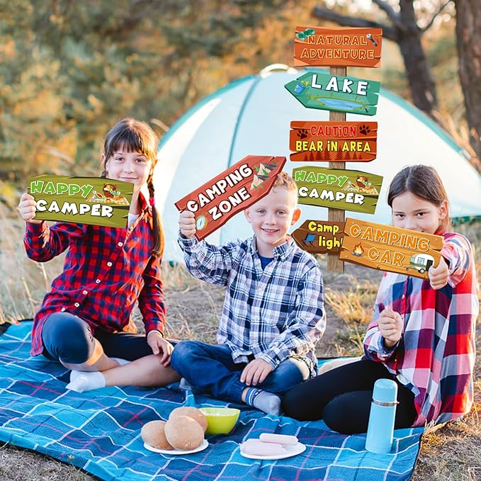 Hooqict 20 Pieces Camping Themed Party Decorations Camping Party Directional Signs for Summer Camp Decor Welcome to Camp Birthday Party Supplies Classroom Wall Door Porch Yard Sign