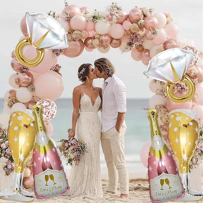 4 Pcs Bachelorette Balloons, Huge Rose Gold Champagne Bottle Diamond Ring Goblet Aluminum Foil Balloons for Bachelorette Party, Bridal Shower, Wedding, Engagement Party Decorations Supplies