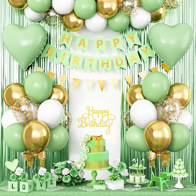 Sage Green Birthday Decorations - Party Decorations with Green, Gold, White Balloon Heart Foil Balloons, Olive Happy Birthday Banner Fringe Curtain for Women, Girls, Boys, Men, Adults