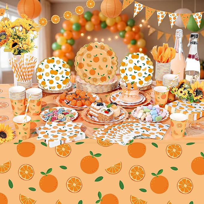 Ceenna 452 Pcs Orange Theme Party Supplies for 50, Little Cutie Is on the Way Paper Plates Napkins Cups Tablecloth Cutlery Straw Disposable Tableware for Summer Birthday Baby Shower Party Decoration