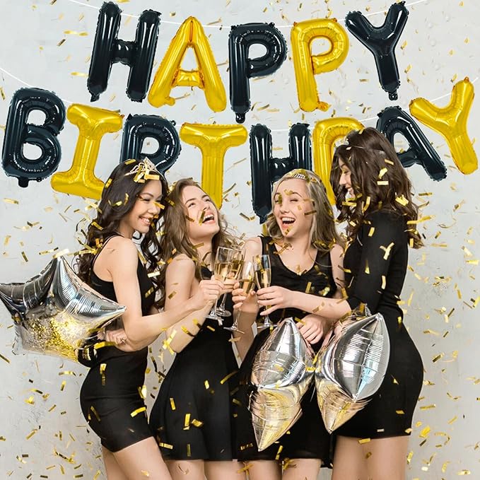 TONIFUL Happy Birthday Balloons Banner with Ribbon Straw, 16 Inch Mylar Letters Birthday Sign Banner Balloon Bunting Reusable for Girls Boys Kids & Adults Birthday Halloween Supplies（Black Gold）