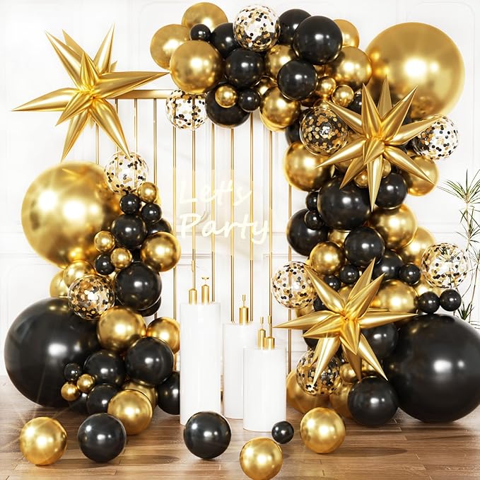 Black and Gold Balloon Garland Arch Kit, Black Gold Confetti Balloons for Retirement Men Birthday Graduation Decorations 2026 Class Grad Prom Bachelorette Anniversary Party Decorations