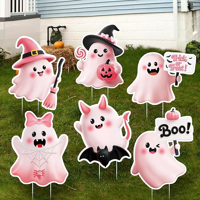 MISS FANTASY Halloween Yard Decorations - Pink Halloween Decorations Halloween Ghost Yard Stakes Outdoor Hallowe'en Yard Signs Outdoor Decorations Cute Ghost Witch Pumpkin Boo Bat Sign for Lawn Garden