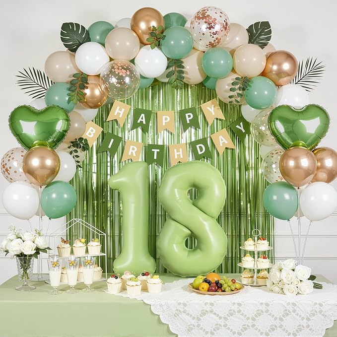 Sage Green 18th Birthday Decorations, Adulting Party Supplies for Girls, Sand White & Cream Balloon Kit with Green Number 18 Balloon and Fringe Curtains