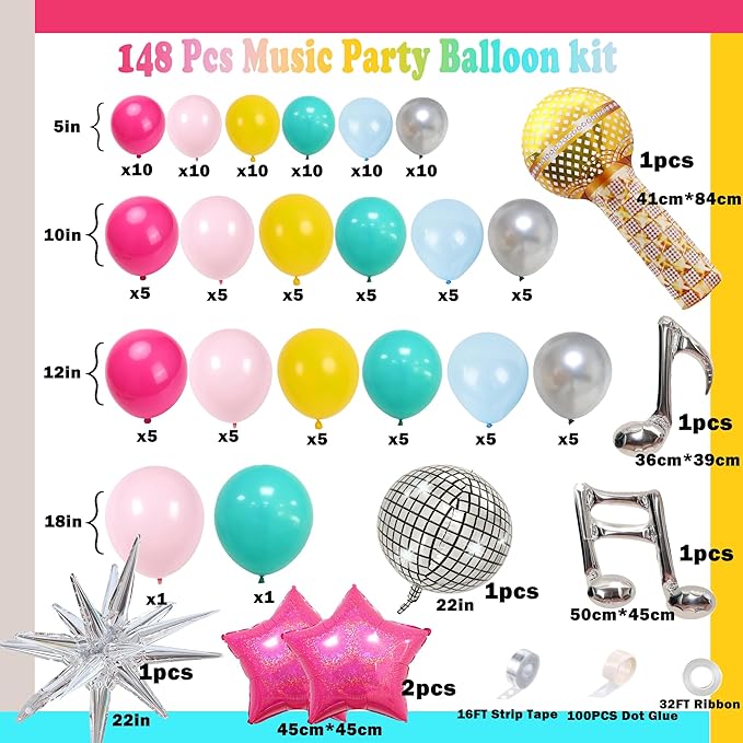Music Fans Birthday Decoration,148 Pcs Balloon Arch Garland Kit with Microphone, Laser Star, Disco Mylar Balloon for music fans theme teenage girl Birthday Party Prom Decorations