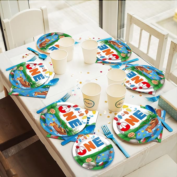96 Pcs Ofishally One Birthday Party Paper Plate and Napkins Gone Fishing 1st Party Party Decorations Little Fisherman Tableware Set Disposable The Big One Birthday Supplies for Party Favors 24 Guests