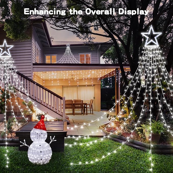 BlcTec Outdoor Christmas Lights 317 LED Christmas Star Lights with 9 Strands 11.9ft Waterfall Tree Lights, 8 Modes, Waterproof & Timer for Garden Yard Patio Outdoor Xmas Decorations, Cool White