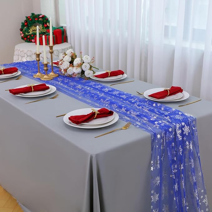 Snowkingdom Blue Silver Christmas Snowflake Table Runner, 10ft Royal Blue Tulle Gauze Sheer 120 Inch Winter Cheesecloth Table Runner for Seasonal Holiday Party, New Year, Wedding Dining Table Decor