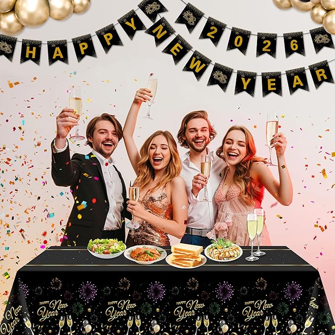 Childom 2 Pack Happy New Year Tablecloths,Happy New Years Decorations 2026,Disposable Rectangular Tablecloths Plastic 54"x108",Black and Gold Table Cloth for Home Dining Outdoor Holiday Party Supplies