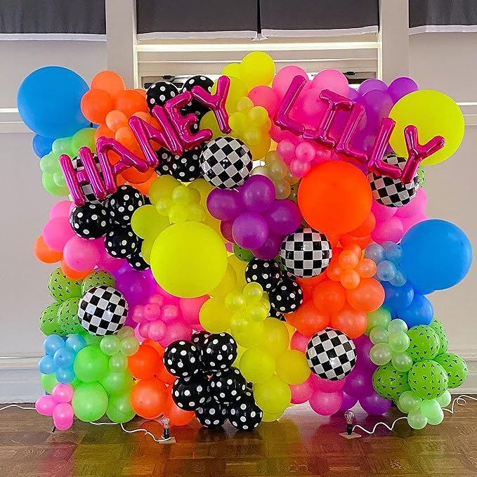 175Pcs Neon Balloons Arch Garland Kit, Glow in the Dark Balloons (Rainbow Star Dot) for Back to 80s 90s DISCO Birthday Party Decorations, Fiesta, Let's Glow Party, Rock Roll Party Supplies