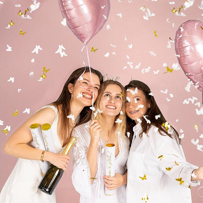 PrimePure Confetti Cannon Party Poppers - Butterfly White Confetti Poppers - 2 Pack - White Paper & Gold Butterfly Pop Gun for Wedding Send Off, Bridal Shower, Birthday, Parties
